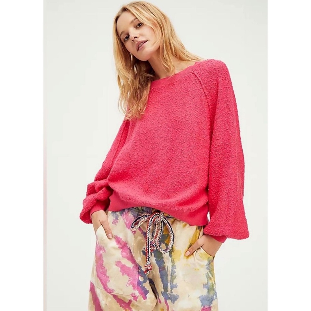 Free People Found My Friend Boucle Pullover Sweater Fuchsia Pink XL Sweatshirt